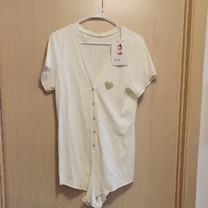 Women's Cream Short Sleeve Button Romper Pajama - Heart Detail